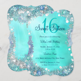 Teal Blue Ocean Pearls Sweet 16 Birthday Party Invitation