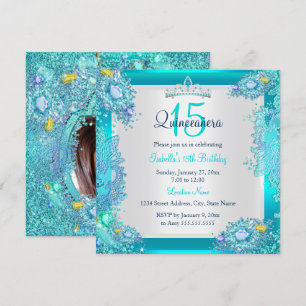 Teal Blue Ocean Quinceanera 15th Birthday Photo Invitation
