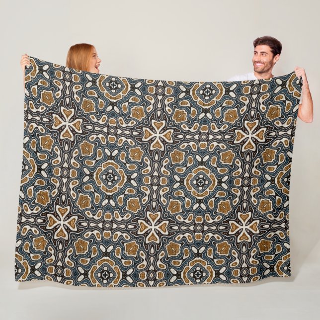 Teal Blue Ochre Brown Beige Bohemian Tribe Art Fleece Blanket (In Situ)
