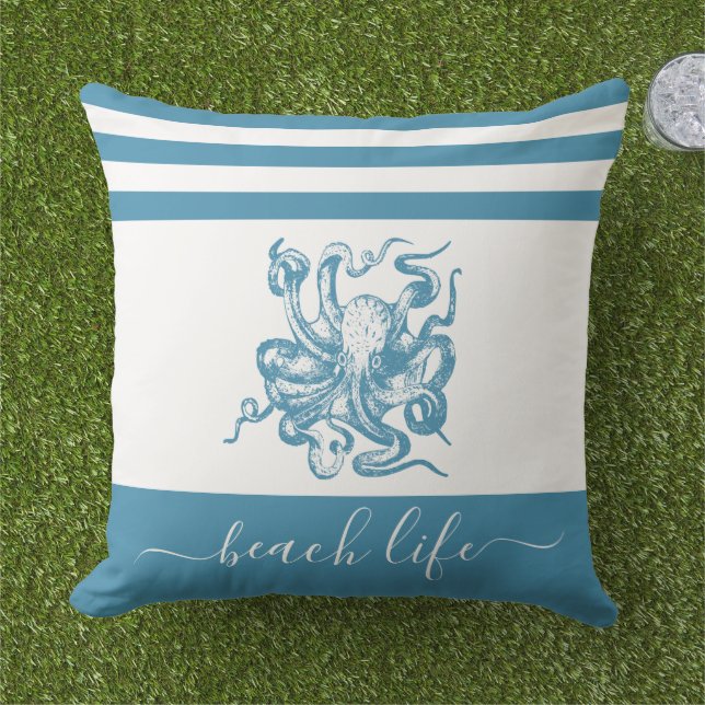 Teal blue octopus beach life script simple modern cushion (Grass)