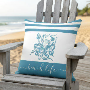 Teal blue octopus beach life script simple modern cushion