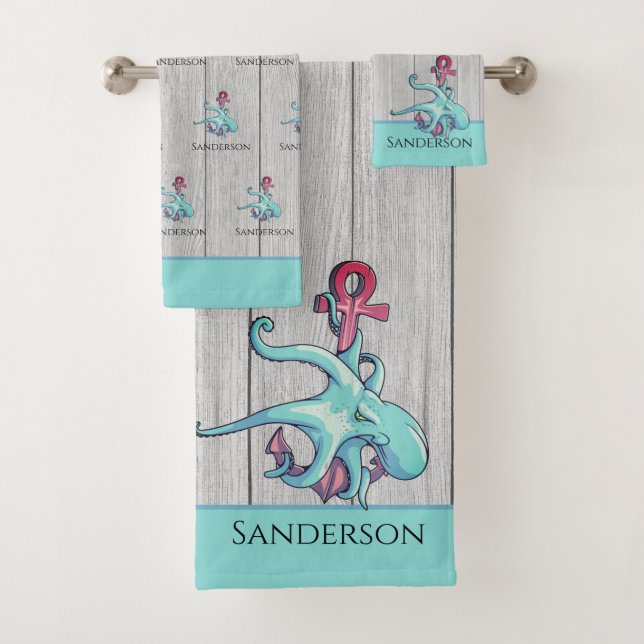  Teal Blue Octopus Coastal Grey Wood  Nautical  Bath Towel Set (Insitu)