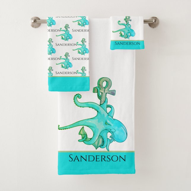  Teal Blue Octopus Coastal Nautical Bathroom Bath Towel Set (Insitu)