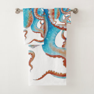Teal Blue Octopus Watercolor Bath Towel Set
