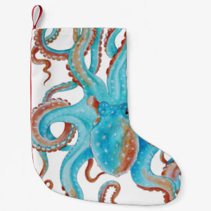 Teal Blue Octopus Watercolor Small Christmas Stocking