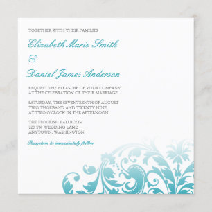 Teal Blue Ombre Flourish Swirl Wedding Invitation