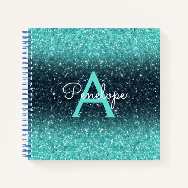 Teal Blue Ombre Glitter and Monogram Sketchbook Notebook (Front)