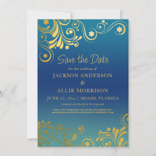 Teal Blue Ombre' Gold Flourish Photo Wedding Save The Date