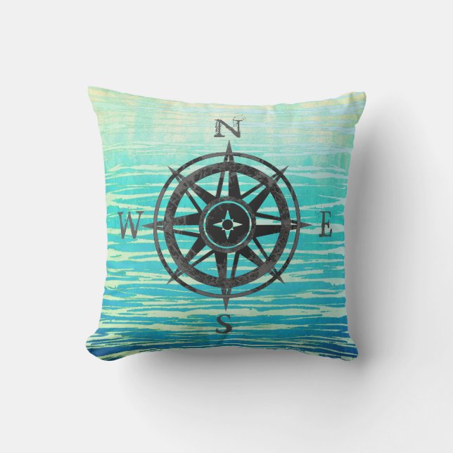 Teal Blue Ombre Sea Outdoor Pillow (Front)