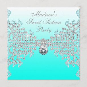 Teal Blue Ombre Sweet 16 Party Invitation