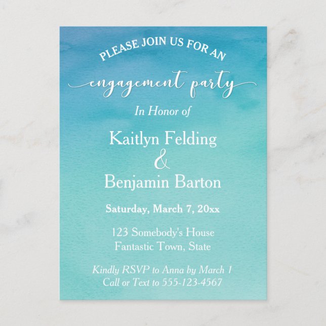 Teal & Blue Ombre Watercolor Engagement Party 2 Invitation Postcard (Front)