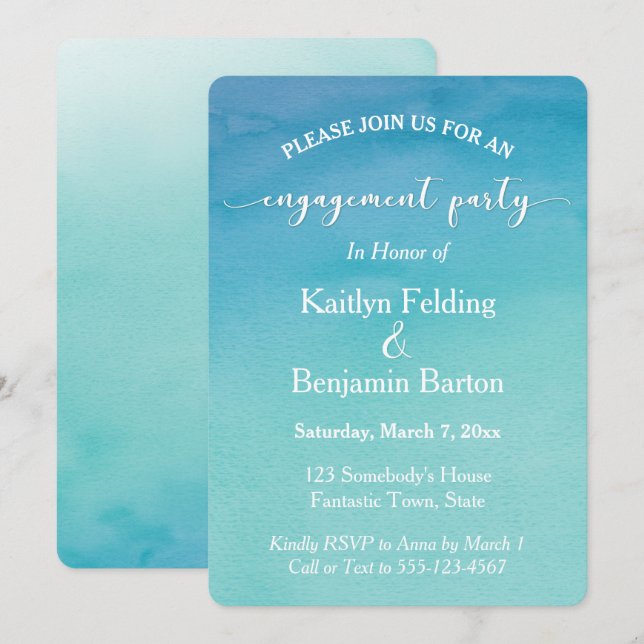 Teal & Blue Ombre Watercolor Engagement Party Invitation (Front/Back)