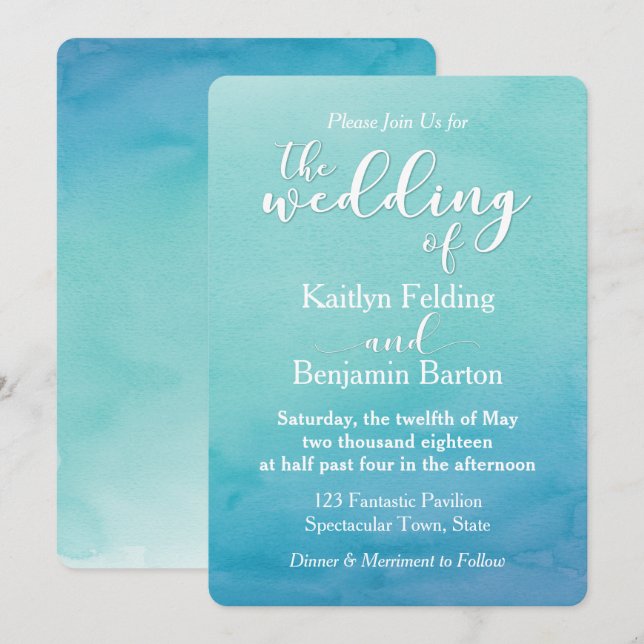 Teal & Blue Ombre Watercolor Wedding Invitation 1a (Front/Back)