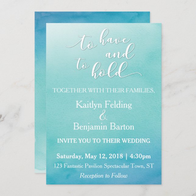 Teal & Blue Ombre Watercolor Wedding Invitation 2a (Front/Back)