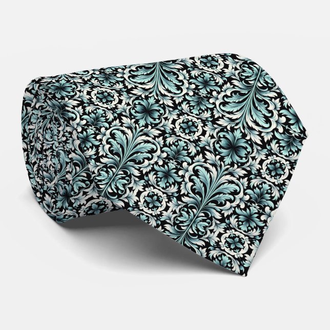 Teal, Blue or Purple Art Deco Swirl Pattern Tie (Rolled)
