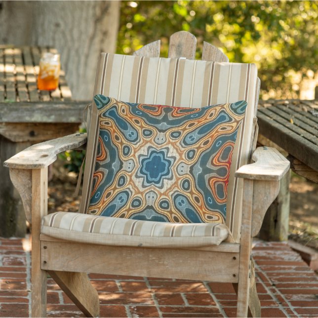 Teal Blue Orange Mustard Brown Orient Tribal Art Cushion (Chair)