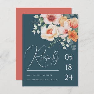 Teal Blue orange Spring Peach Floral Wedding RSVP