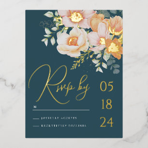 Teal Blue orange Spring Peach Floral Wedding RSVP Foil Holiday Postcard
