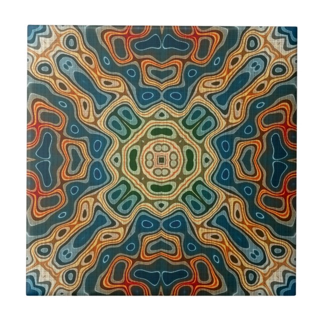 Teal Blue Orange Yellow Green Ethnic Tribe Art Tile (Front)