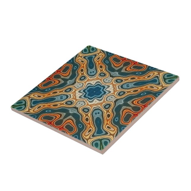 Teal Blue Orange Yellow Green Ethnic Tribe Art Tile (Side)
