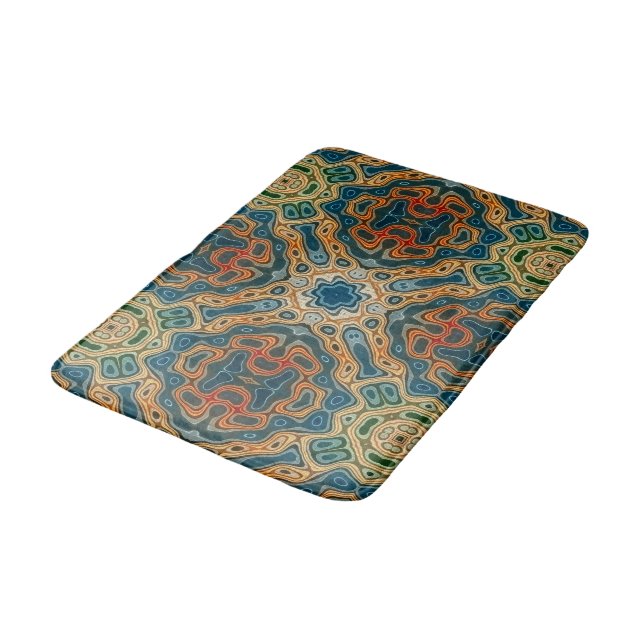 Teal Blue Orange Yellow Green Hip Orient Bali Art Bath Mat (Angled)