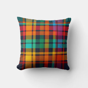 Teal Blue Orange Yellow Multicolor Colourful Plaid Cushion