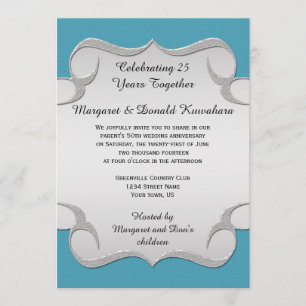 Teal Blue Ornate Silver Frame 25th Anniversary Invitation