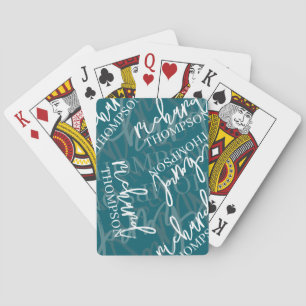 Teal Blue Overlapped Typography Name Playing Cards