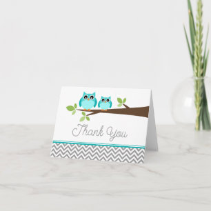 Teal Blue Owl Grey Chevron Baby Shower Thank You