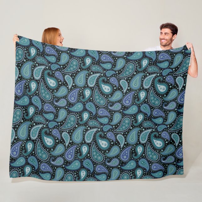 Teal Blue Paisley Floral Pattern  Fleece Blanket (In Situ)