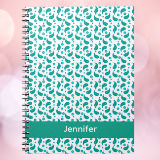 Teal Blue Paisley Floral Pattern Personalise Notebook