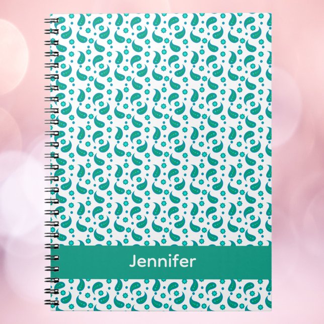Teal Blue Paisley Floral Pattern Personalise Notebook (A notebook with a blue & green paisley design with text you can personalize.)