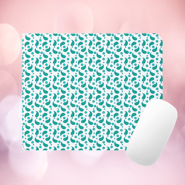 Teal Blue Paisley Floral Seamless Pattern Mouse Mat (A mouepad with a floral blue and green paisley boho pattern.)