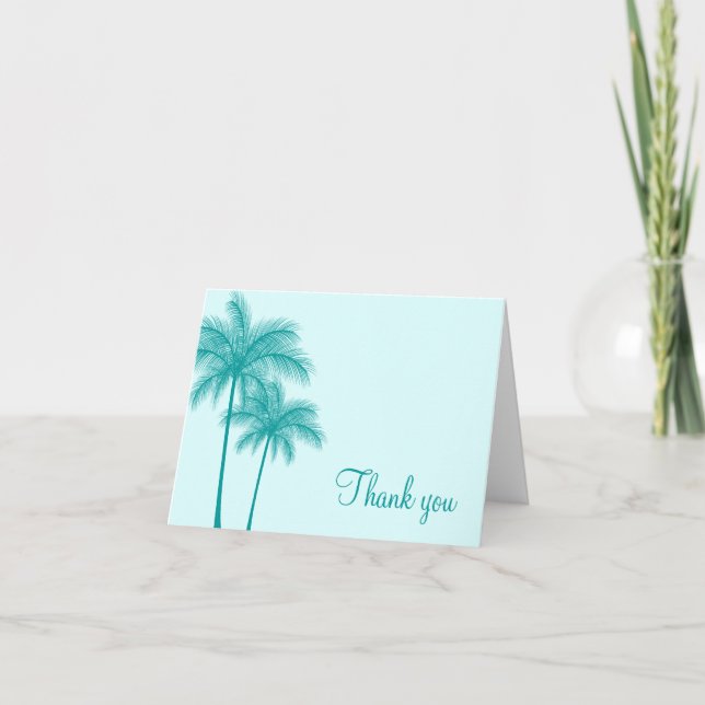 Teal Blue Palm Trees Tropical Thank You Card (Front)