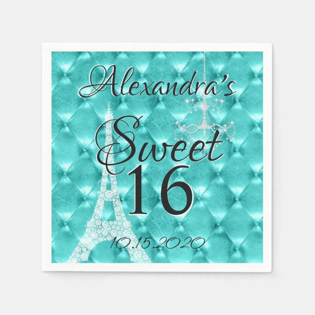 Teal Blue Paris Sweet Sixteen Birthday Party Napkin (Front)