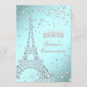 Teal Blue Paris Tiara Quinceanera Invitations