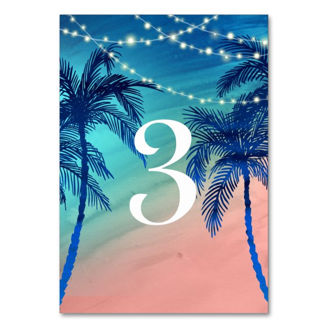 Teal Blue & Peach Palm Tree Table Numbers (Front)