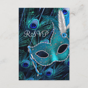 Teal Blue Peacock Masquerade Party RSVP Card