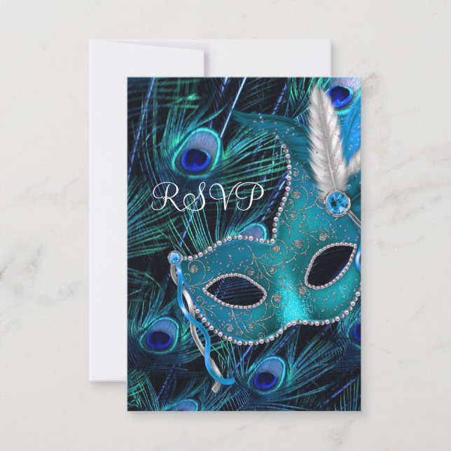 Teal Blue Peacock Masquerade Party RSVP Card (Front)