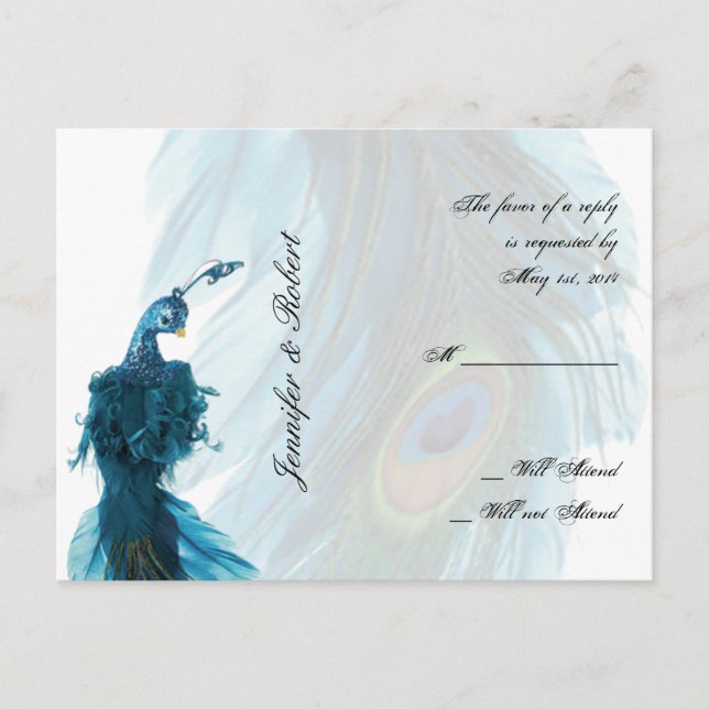 Teal Blue Peacock Plume RSVP Postcard (Front)