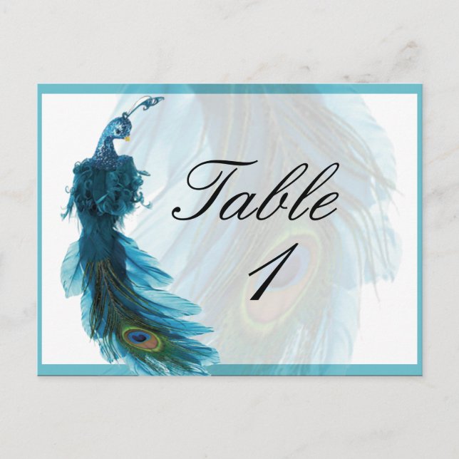 Teal Blue Peacock Plume Table Number Postcard (Front)
