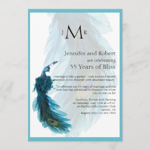 Teal Blue Peacock Plume Wedding Anniversary Invitation