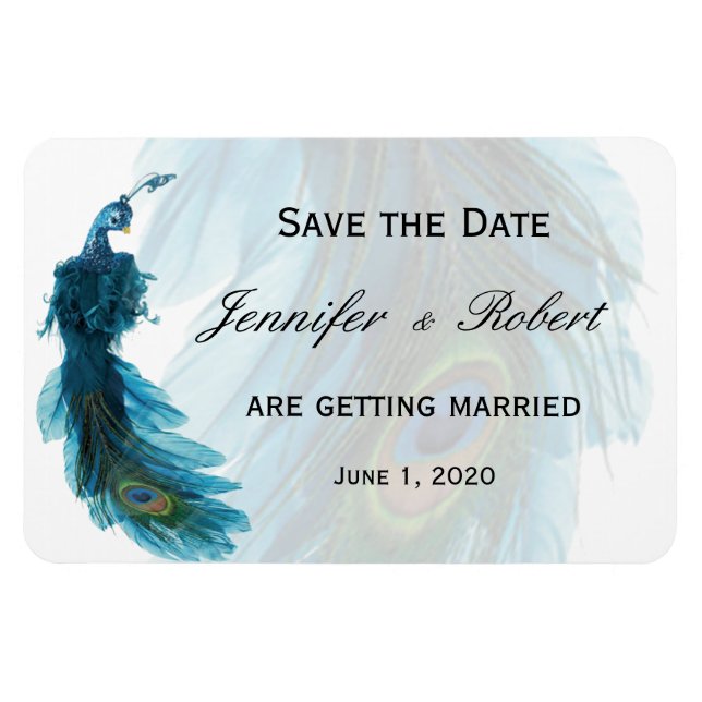 Teal Blue Peacock Plume Wedding Magnet (Horizontal)