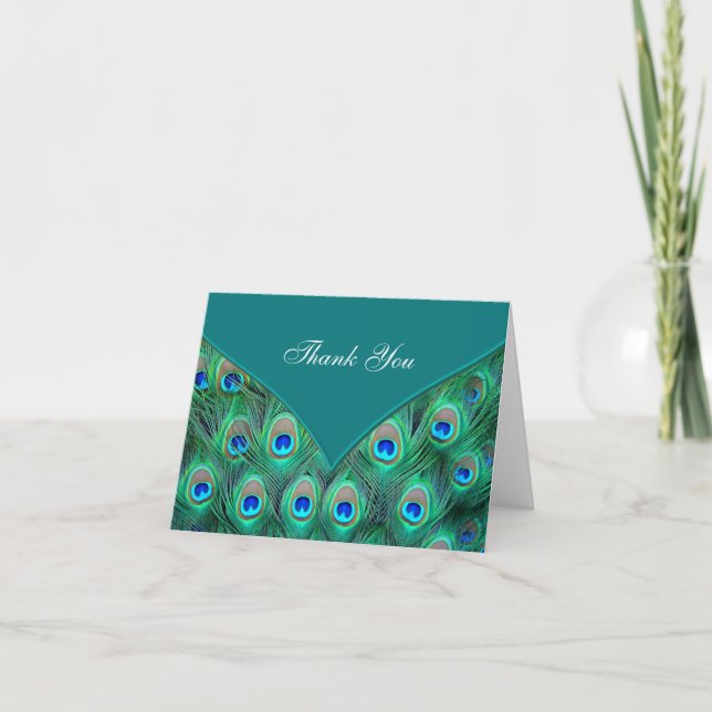 Teal Blue Peacock Thank You Cards (Front)