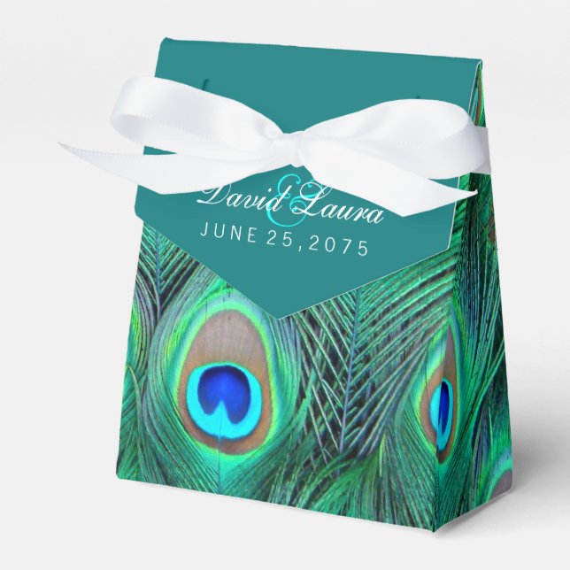 Teal Blue Peacock Wedding Favour Box (Front Side)
