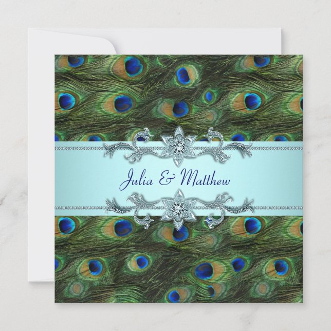 Teal Blue Peacock Wedding Invitation (Front)