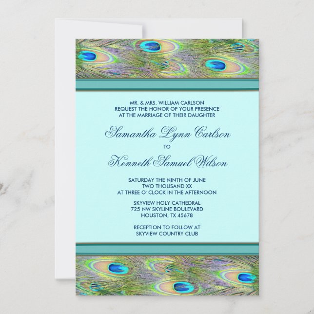 Teal Blue Peacock Wedding Invitations (Front)