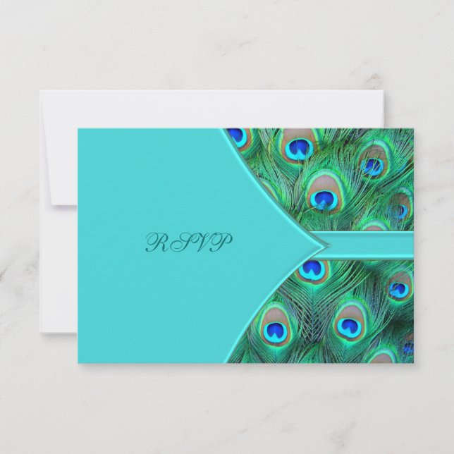 Teal Blue Peacock Wedding RSVP Card (Front)