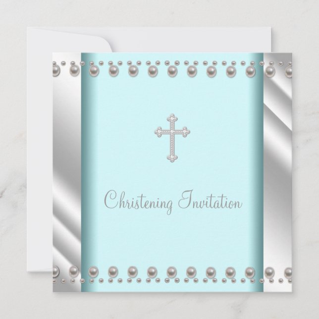 Teal Blue Pearl Cross Baby Baptism Christening Invitation (Front)