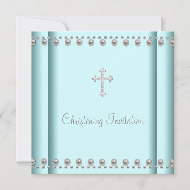 Teal Blue Pearl Cross Baby Boy or Girl Christening Invitation (Front)